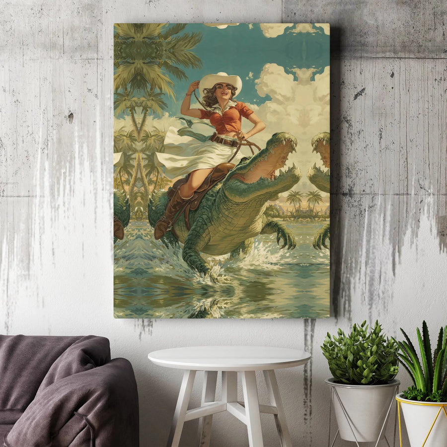 Retro Cowgirl Riding Alligator Vertical Canvas | Vintage Florida Kitsch Swamp Art Poster | Premium 1.25 Inch Gallery Wrap | Quirky Housewarming Gift for Home Decor