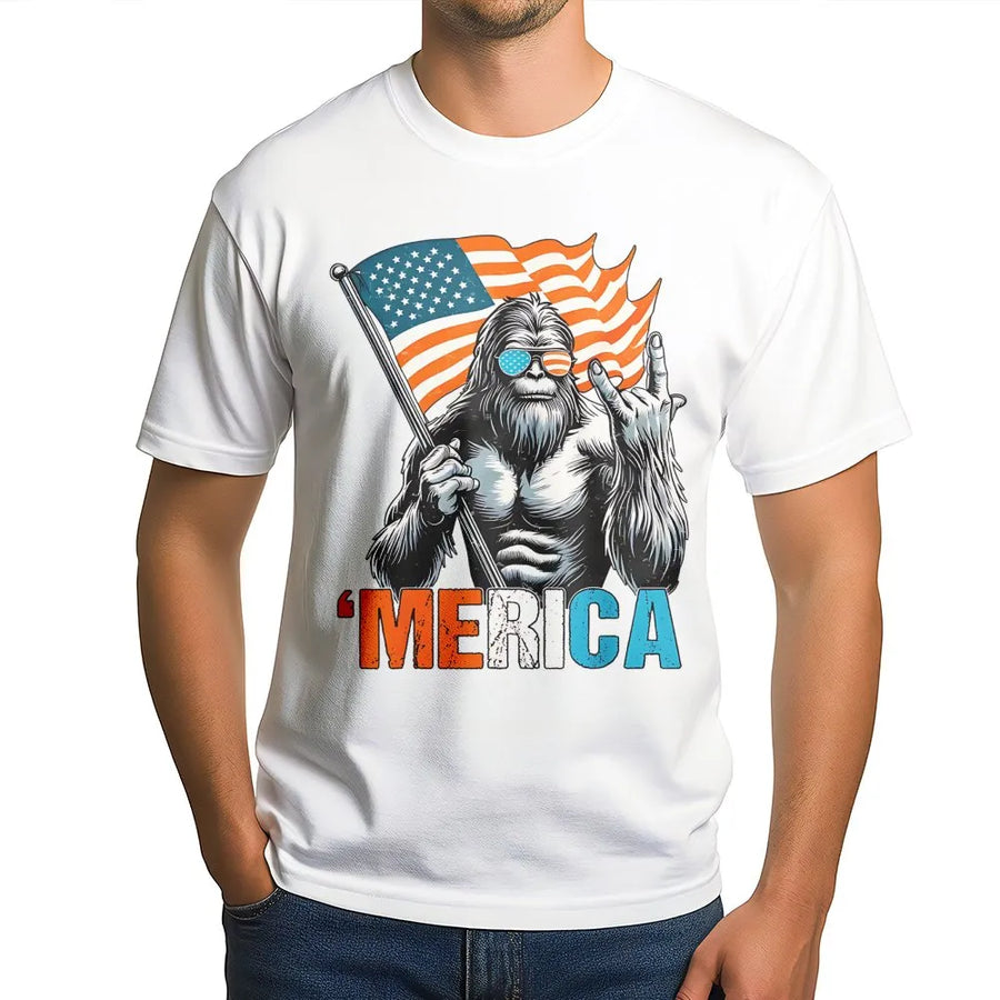 Bigfoot American Flag T-Shirt | Patriotic Sasquatch Rocking Graphic | 100% Premium Cotton | Funny 4th of July Gift for Men and Women