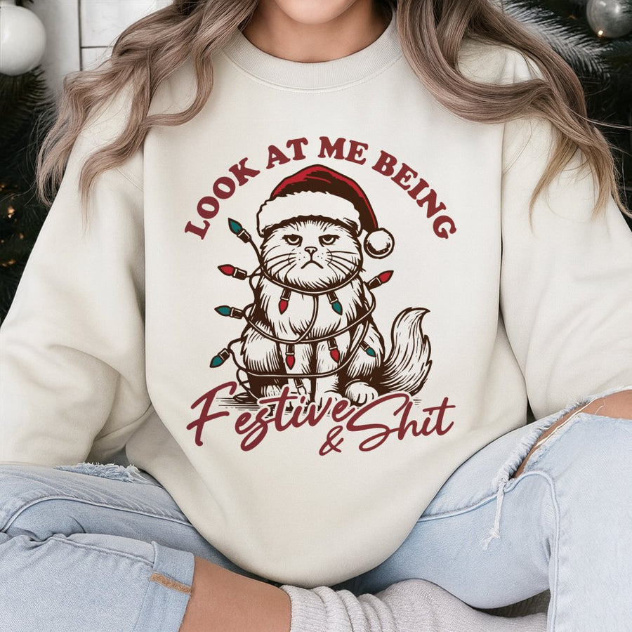 Funny Cat Christmas Sweatshirt | Grumpy Kitten In Santa Hat | Premium Cotton Blend | Sarcastic Holiday Gift For Cat Lovers