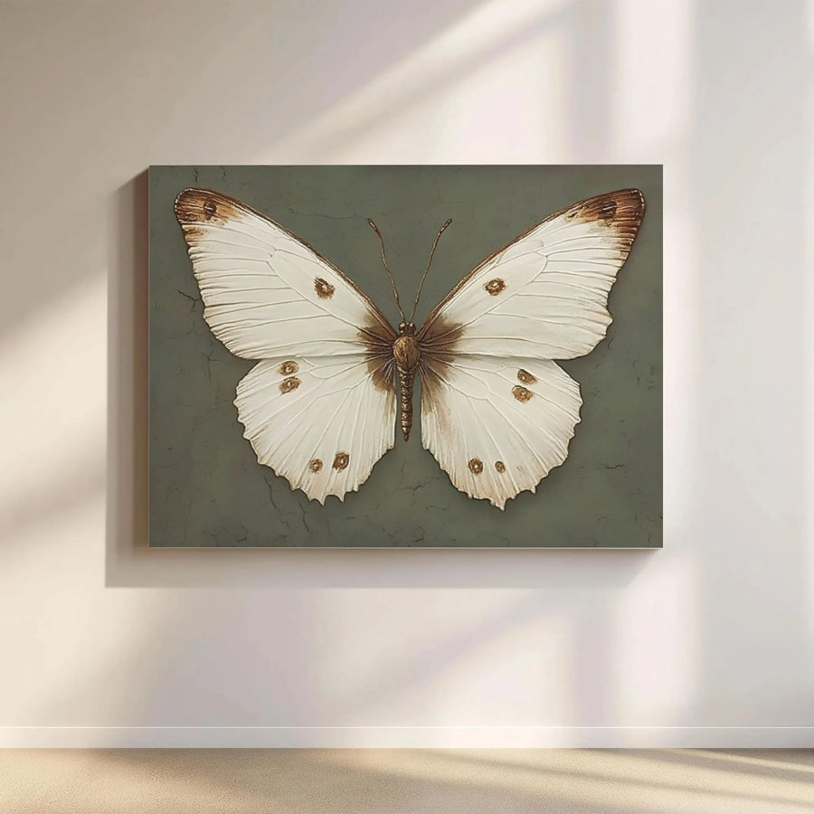 White Butterfly Wall Art | Vintage Distressed Insect Illustration | Premium Gallery Canvas | Botanical Home Decor for Living Room Gift