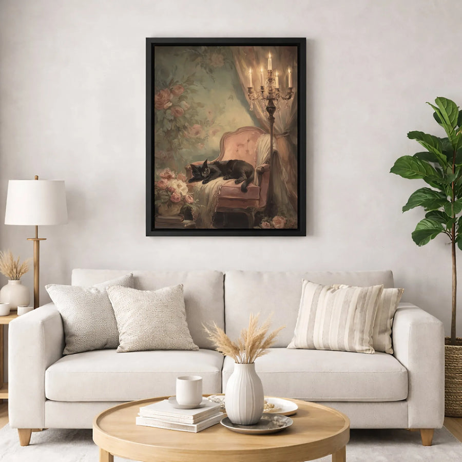 Black Cat Canvas Wall Art | Vintage Victorian Aesthetic with Candelabra | Premium Fade-Resistant Print | Moody Gothic Home Decor Gift