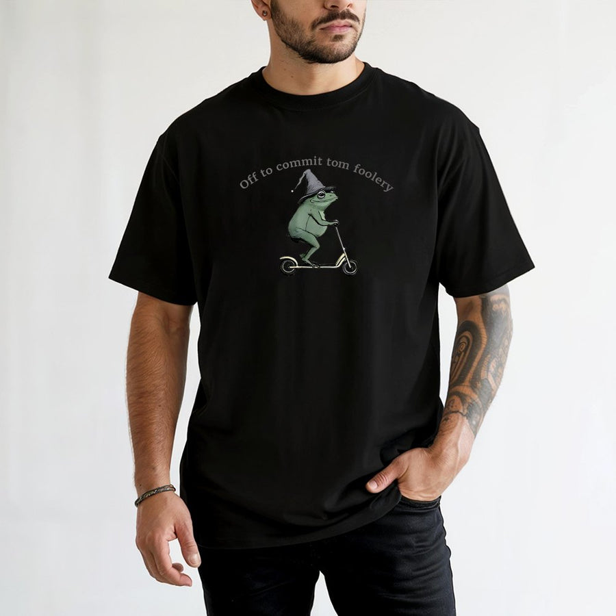 Off To Commit Tom Foolery Frog T-Shirt | Funny Witch Frog Riding Scooter Graphic | 100% Cotton Premium Tee | Quirky Meme Gift For Frog Lovers