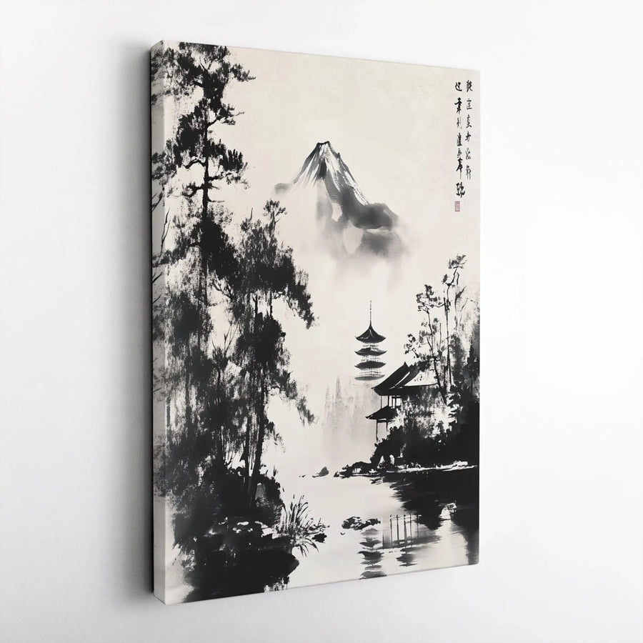 Japanese Ink Wash Painting Vertical Canvas | Sumi-e Mountain and Pagoda Art | Premium Gallery Wrapped Print | Zen Home Decor Gift for Living Room