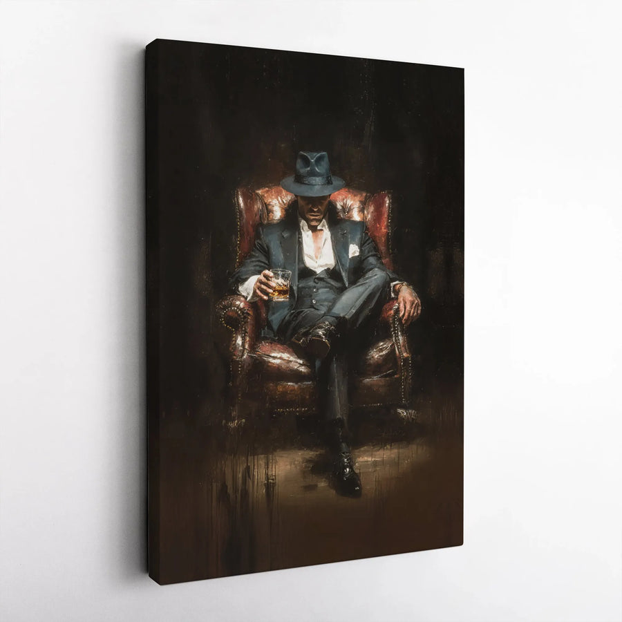 Mafia Boss Canvas Wall Art | Gentleman in Fedora Drinking Whiskey | Gallery Quality Premium Print | Masculine Office Decor Man Cave Gift