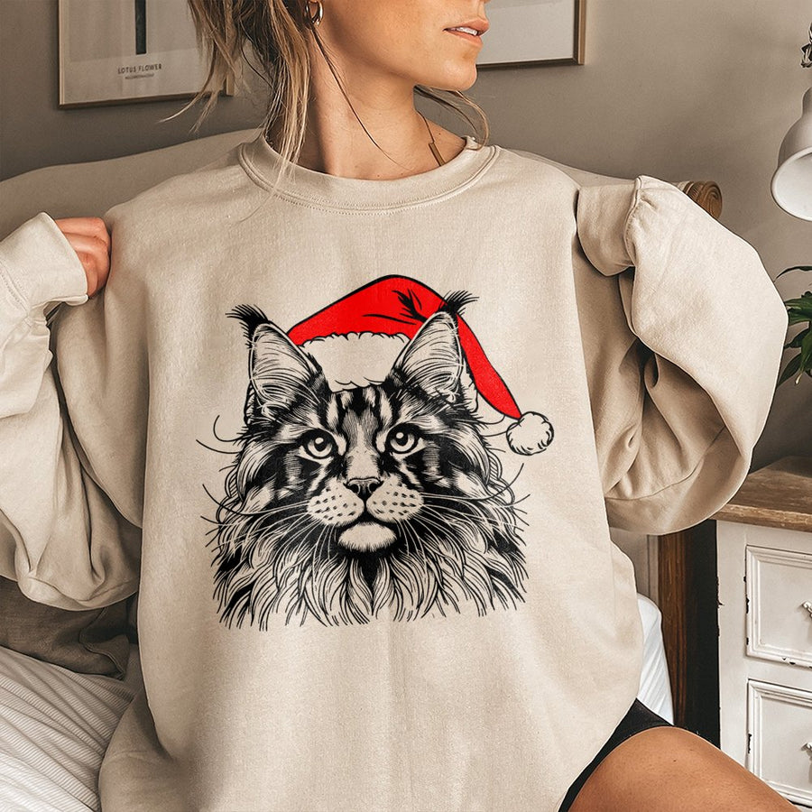 Maine Coon Christmas Sweatshirt | Festive Santa Hat Cat Design | Premium Cotton-Blend Fleece | Cozy Holiday Gift for Cat Lovers