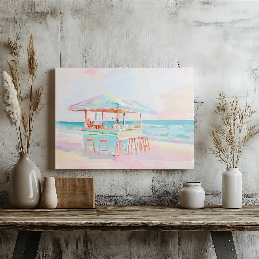 Pastel Beach Bar Canvas Art | Abstract Coastal Seascape Painting | Premium Gallery Wrapped Print | Modern Living Room Decor for Beach House