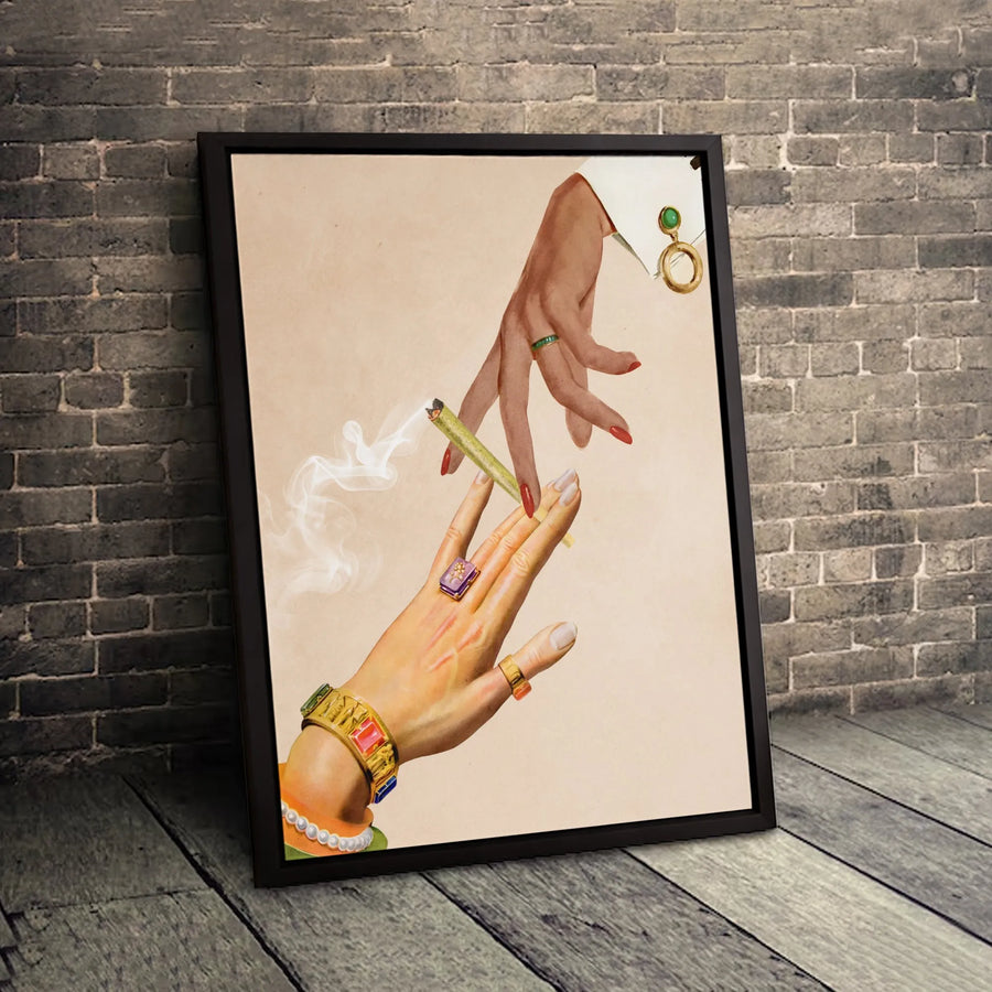 Hands Passing Joint Canvas Print | Vintage Aesthetic Collage Art | Premium Fade-Resistant Decor | Unique Stoner Gift for Home Office