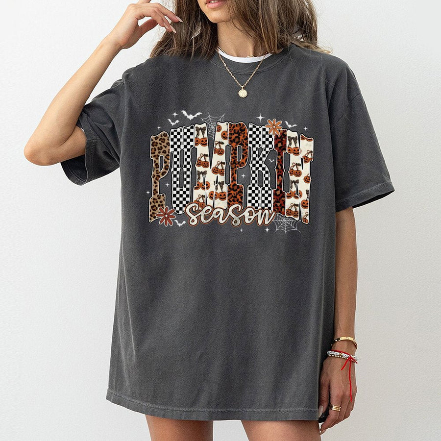 Pumpkin Season T-Shirt | Leopard Checkered Fall Graphic Tee | 100% Cotton Premium Quality | Trendy Thanksgiving Gift for Women and Men