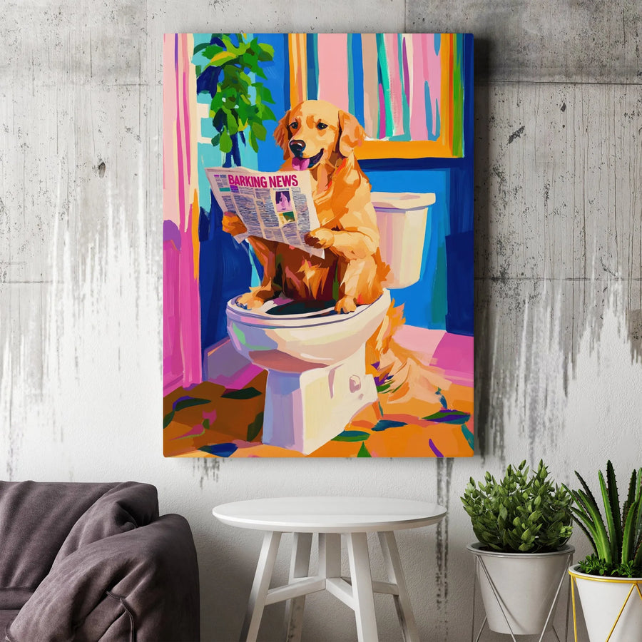 Funny Dog on Toilet Wall Art | Golden Retriever Reading Newspaper Print | Premium Gallery Wrap Canvas | Unique Bathroom Decor Gift for Dog Lover