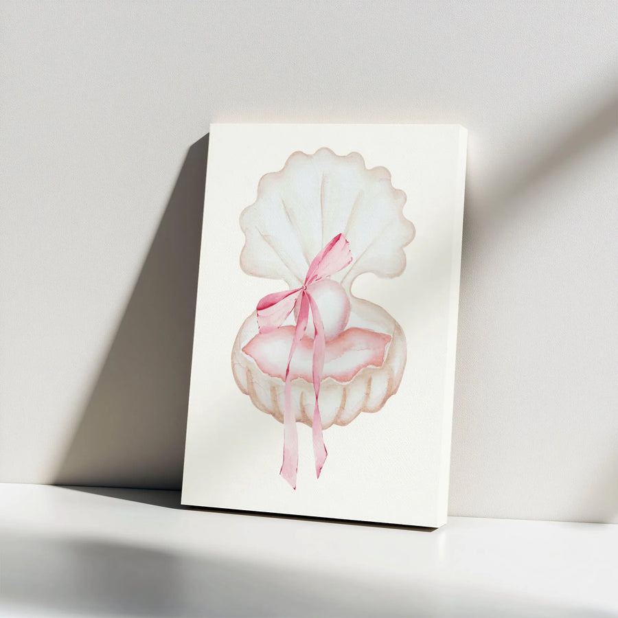 Seashell Pearl Wall Art | Watercolor Coastal Decor with Pink Bow | Premium Gallery Wrap Canvas | Elegant Nursery or Bedroom Gift