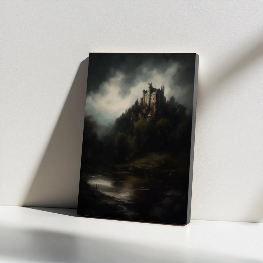 Moody Gothic Castle Canvas Wall Art | Dark Forest River Landscape | Premium Gallery Wrapped Print | Atmospheric Home Office Decor Gift