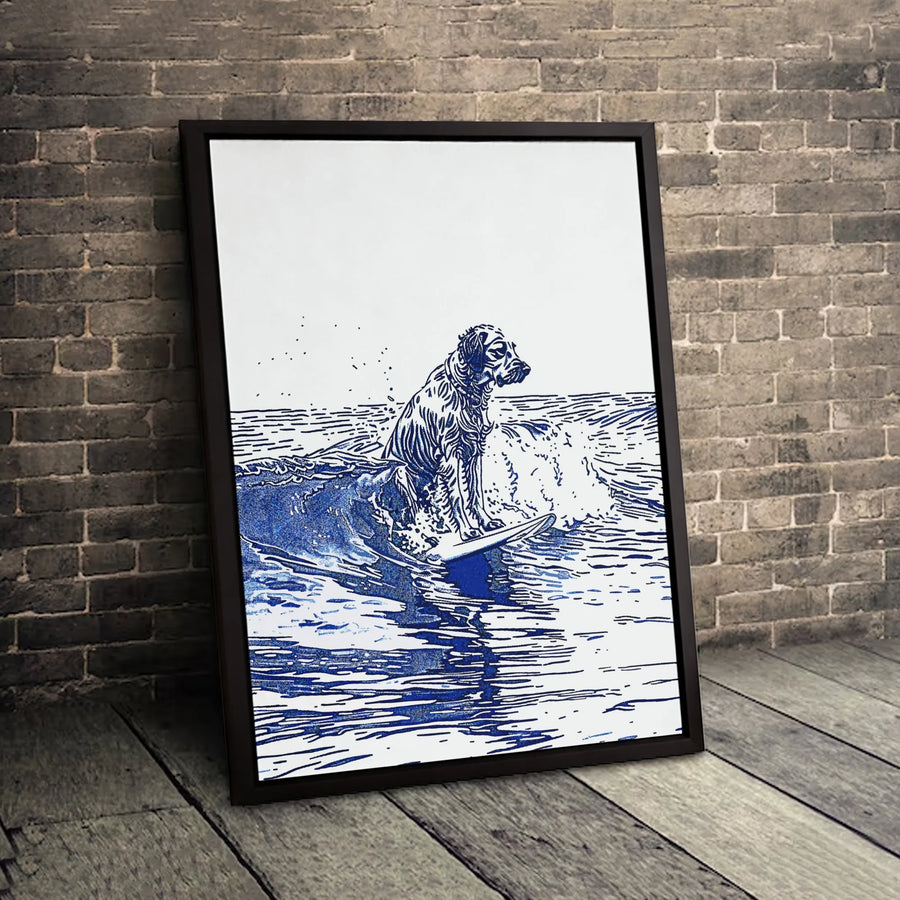Surfing Dog Canvas Wall Art | Navy Blue Linocut Print | Premium Fade-Resistant Gallery Wrap | Coastal Beach House Decor Gift