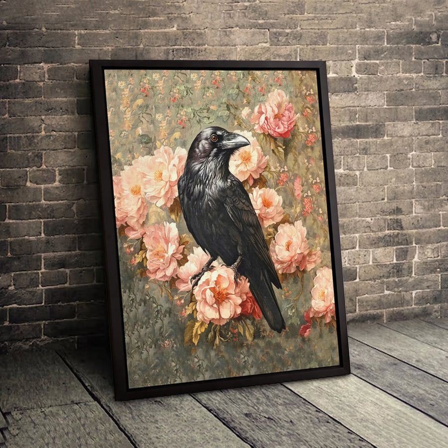 Gothic Crow Wall Art | Moody Raven on Pink Peony Floral Print | Premium 1.25-Inch Gallery Canvas | Dark Academia Home Decor Gift