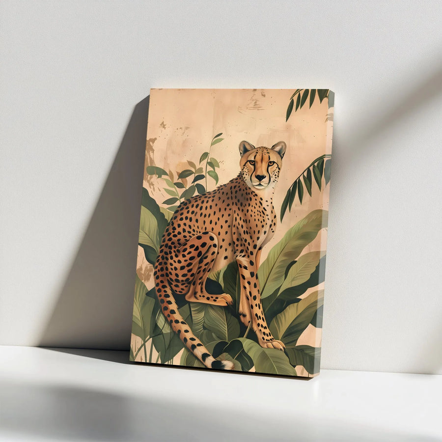 Vintage Cheetah Vertical Canvas | Jungle Botanical Illustration | Premium Thick Gallery Wrap | Safari Themed Living Room Decor Gift