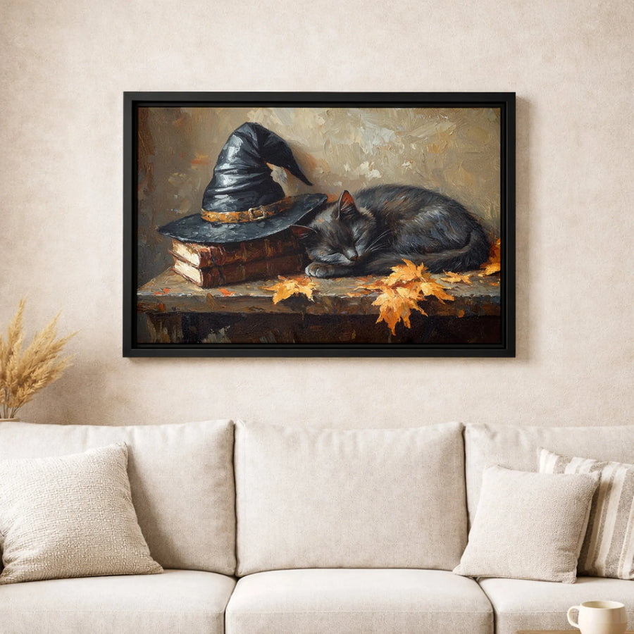 Black Cat Witch Hat Canvas Print | Cozy Autumn Wall Art | Premium 1.25" Gallery Wrap | Halloween Seasonal Decor Gift