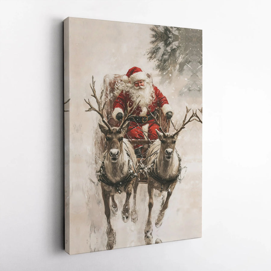 Santa Claus Reindeer Sleigh Canvas Wall Art | Rustic Christmas Holiday Painting Print | 1.25-Inch Premium Gallery Wrap | Festive Home Decor Gift