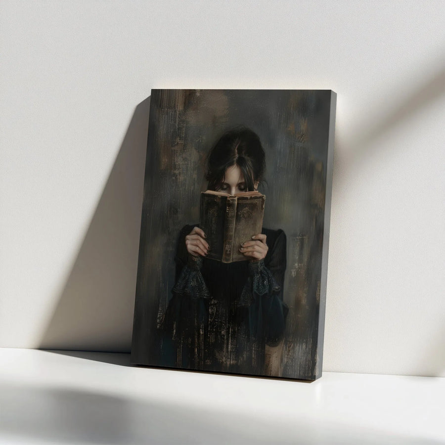 Dark Academia Canvas Wall Art | Woman Reading Vintage Book Portrait | Premium Gallery Wrap Decor | Moody Literary Home Decor Gift