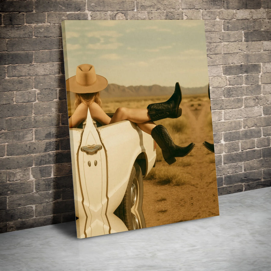 Western Cowgirl Canvas Wall Art | Boho Girl in Cowboy Boots Print | Premium Gallery Wrapped Canvas | Southern Farmhouse Decor Gift