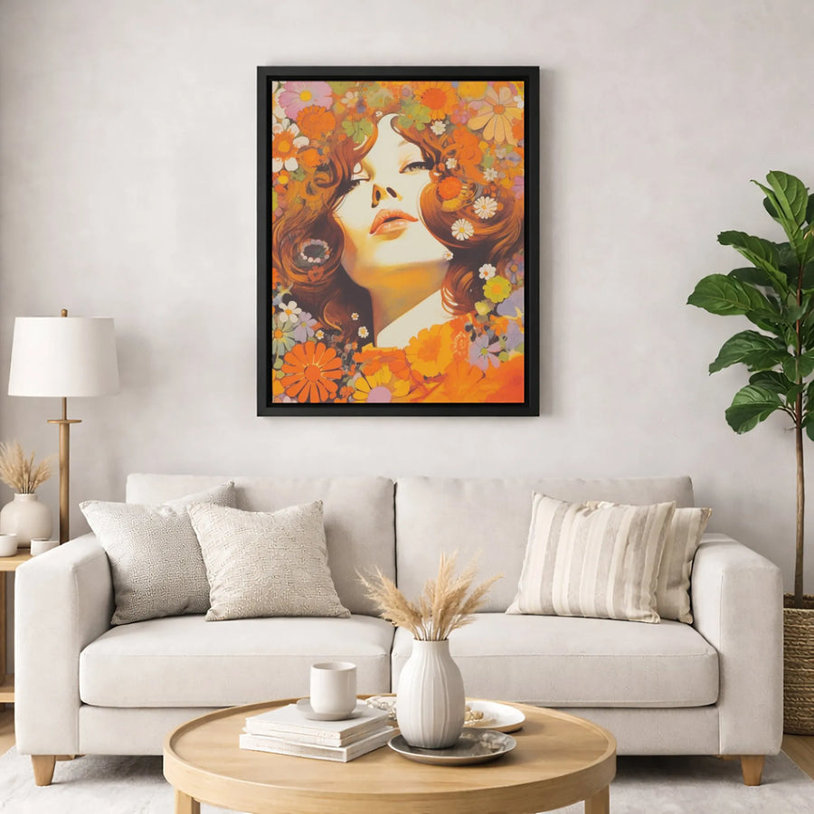Retro 70s Flower Power Portrait Canvas | Vintage Floral Woman Art Print | 1.25 Inch Gallery Wrap | Aesthetic Boho Home Decor Gift