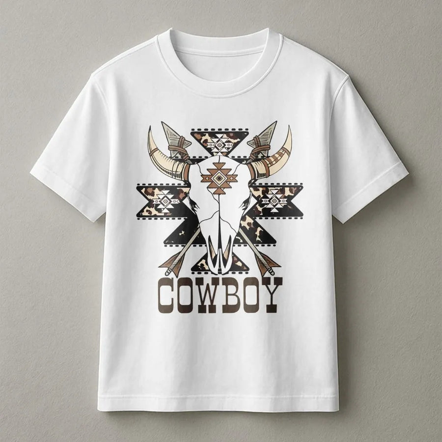 Cowboy Skull T-Shirt | Western Aztec Tribal Graphic | Premium Cotton Country Western Wear | Gift for Rodeo Fans and Ranchers