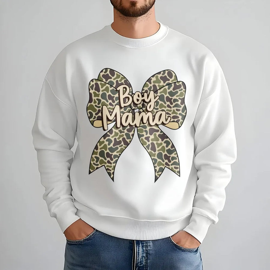 Boy Mama Sweatshirt | Camo Coquette Bow Graphic Design | Premium Cotton Blend | Gift For New Mom Or Boy Mom Birthday
