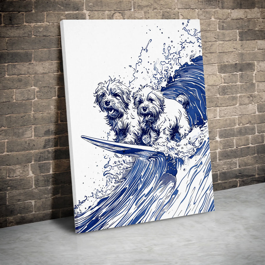 Maltese Dog Wall Art | Surfing Dogs Blue Ink Illustration | Premium 1.25" Gallery Canvas | Coastal Decor Gift for Dog Lovers