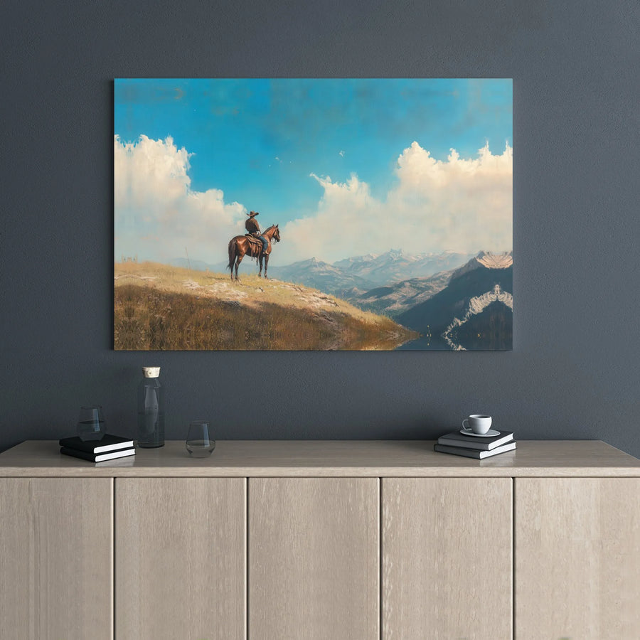 Western Cowboy Wall Art | Horse Overlooking Mountains Landscape | Premium Gallery Wrap Canvas | Rustic Home Decor Gift