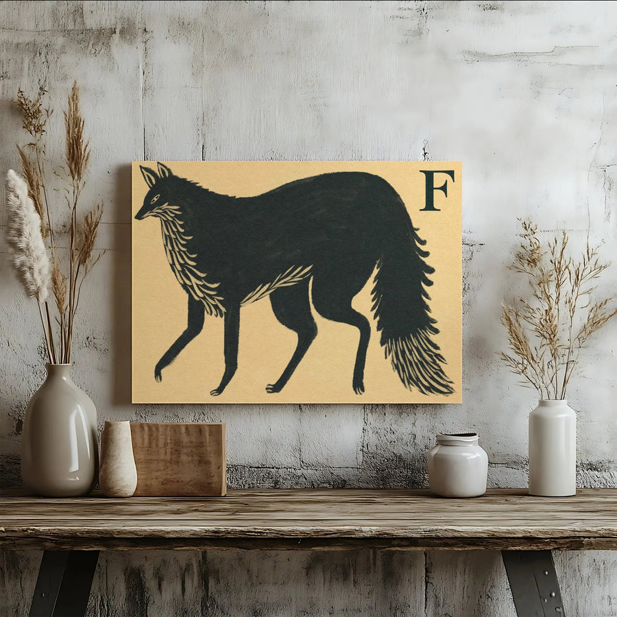 Black Fox Canvas Wall Art | Letter F Animal Illustration | Premium Gallery Wrapped Print | Modern Nursery or Living Room Decor Gift