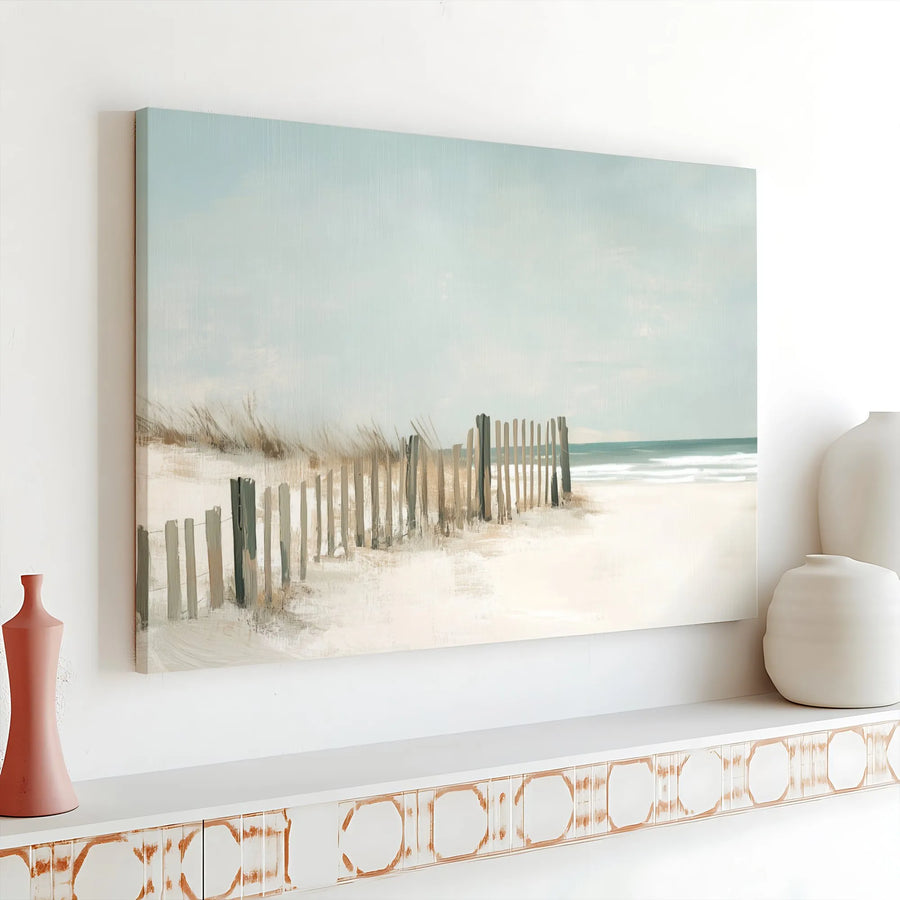 Serene Beach Canvas Wall Art | Coastal Dune Fence Painting Print | Premium Gallery Wrapped Canvas | Modern Nautical Home Decor