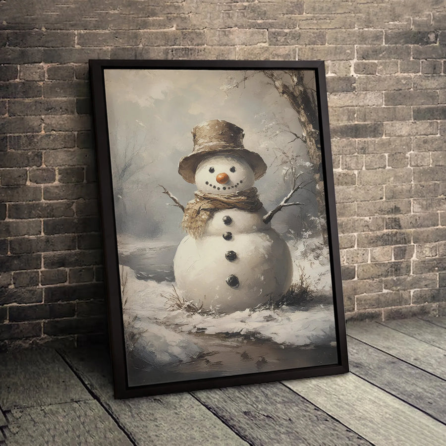 Vintage Snowman Wall Art | Rustic Winter Forest Painting | Gallery-Wrapped Canvas Print | Holiday Home Decor Gift