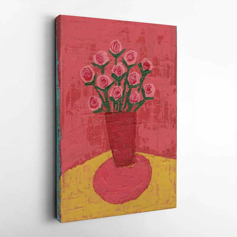 Pink Roses Vase Vertical Canvas | Textured Impressionist Flower Oil Painting Design | Premium 1.25" Gallery Wrap | Vibrant Botanical Art Gift for Living Room Decor