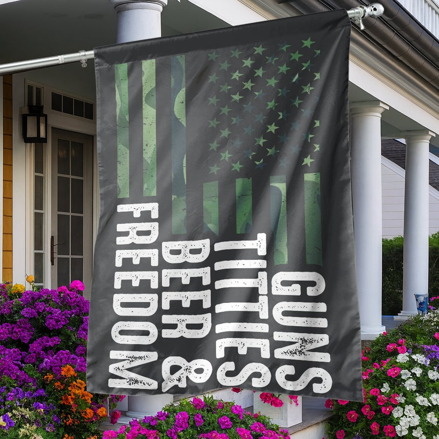 American Garden Flag | Guns Beer & Freedom Patriot Decor | UV-Resistant Polyester | Gift for Men & Outdoor Bar Enthusiasts