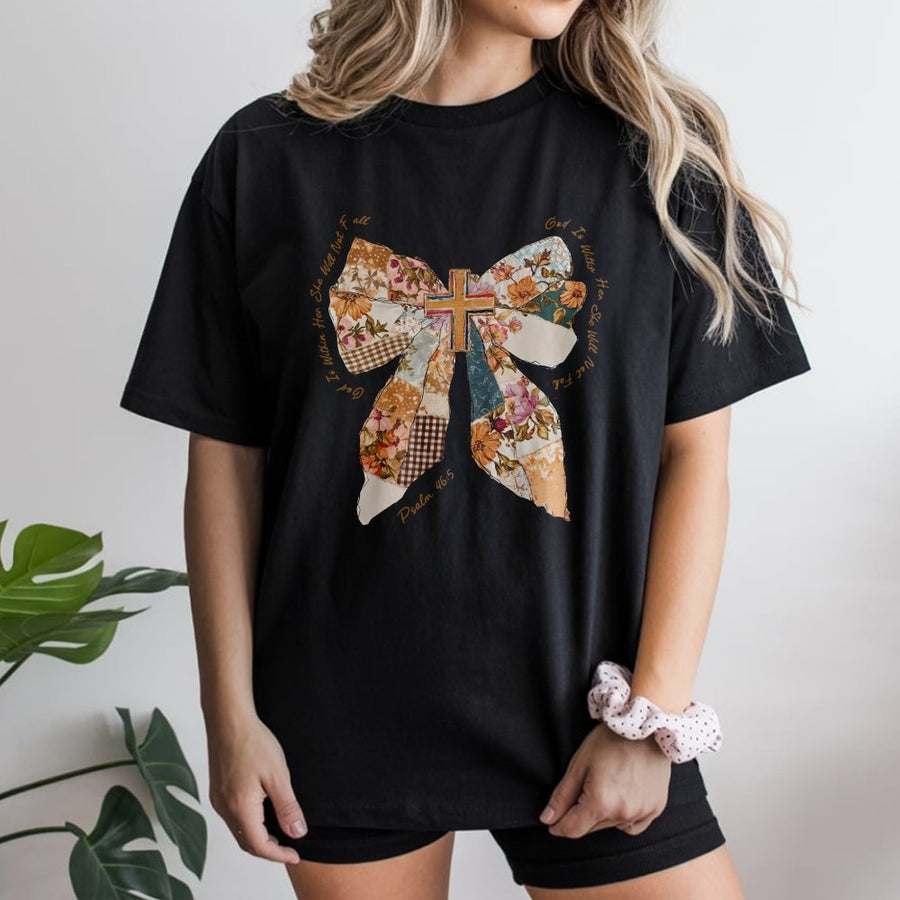 God Is Within Her Bow T-Shirt | Psalm 46:5 Christian Patchwork Floral Print | Premium Soft Cotton | Faith-Based Religious Gift for Women