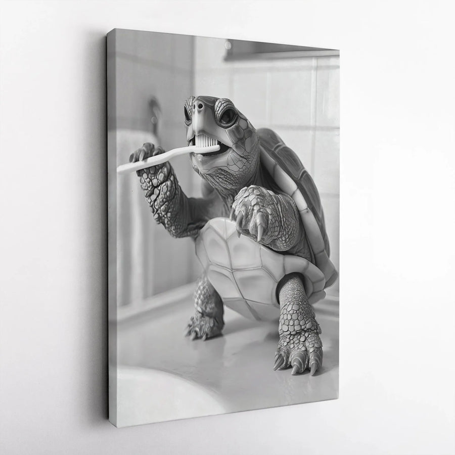 Funny Turtle Wall Art | Bathroom Decor Brushing Teeth Print | Premium Gallery Wrap Canvas | Unique Animal Lover Gift