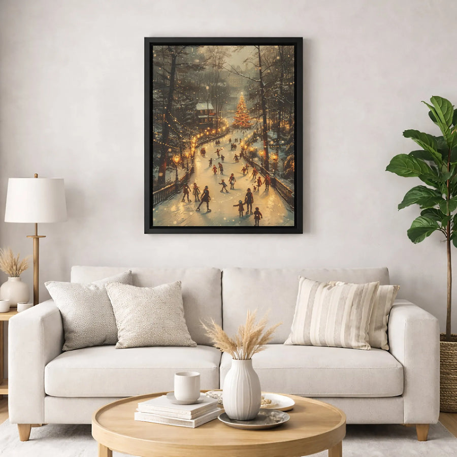 Winter Ice Skating Canvas Wall Art | Festive Christmas Tree Village Scene | 1.25 Inch Premium Gallery Wrap | Holiday Home Decor Gift