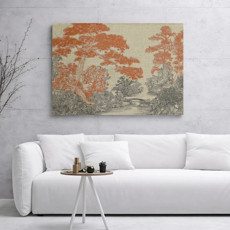Japanese Landscape Canvas Wall Art | Vintage Etched Pine Trees & Bridge | Premium Gallery Wrap Print | Zen Home Decor & Office Gift