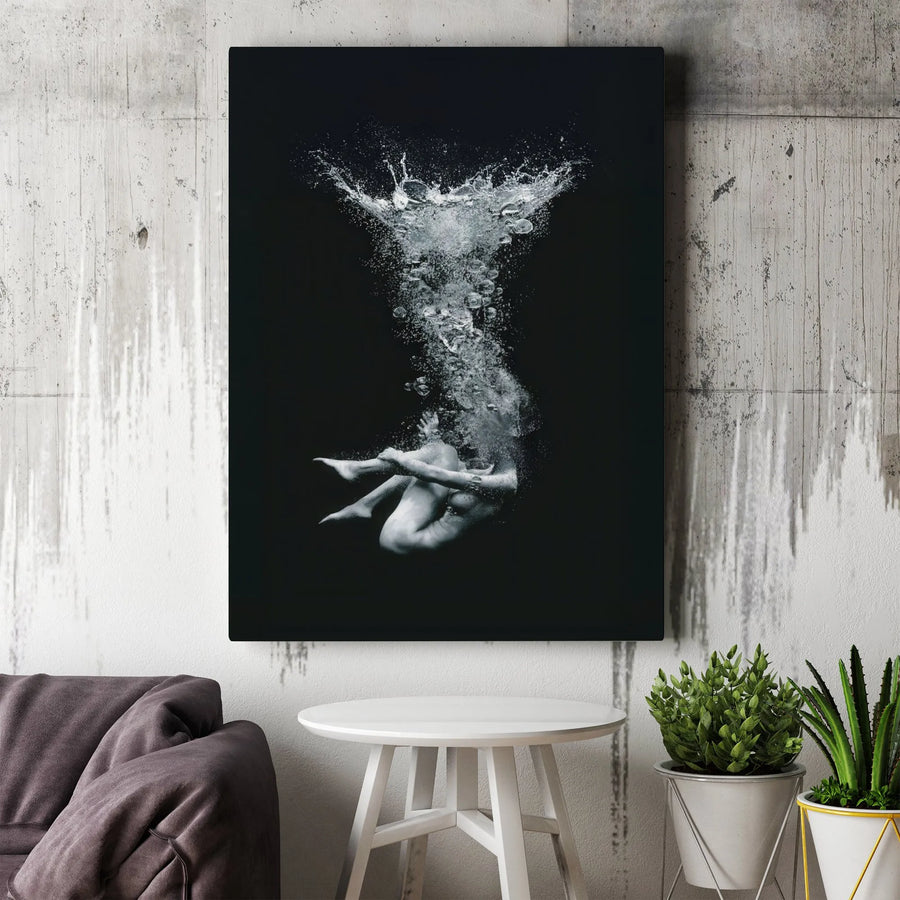 Abstract Underwater Figure Canvas Print | Modern Black and White Splash Art | 1.25-Inch Gallery-Quality Profile | Atmospheric Home Decor Gift