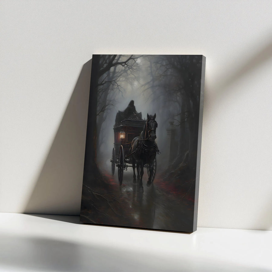 Gothic Grim Reaper Vertical Canvas | Horse Drawn Hearse in Haunted Forest | Premium Canvas Print | Gothic Home Decor Gift