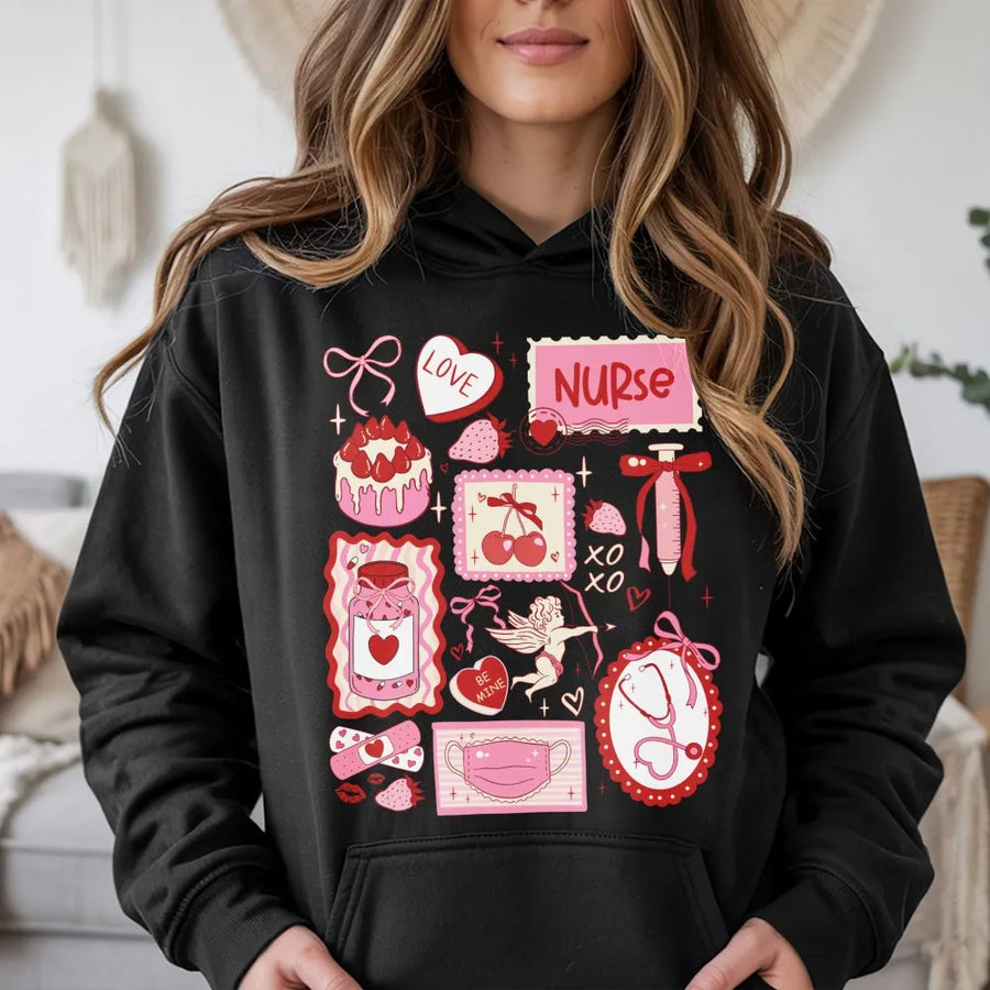 Nurse Valentine Hoodie | Coquette Aesthetic Medical Doodles | Premium Cotton Blend | Cute Healthcare Worker Gift for Her