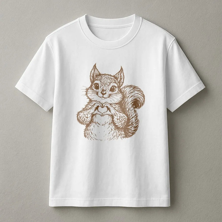 Cute Squirrel T-Shirt | Heart Hands Line Art Graphic | Premium Cotton Unisex Tee | Gift for Woodland Animal Lovers