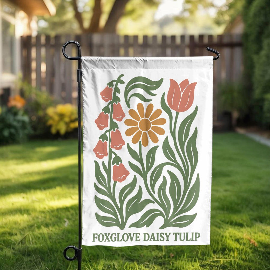 Botanical Flower Garden Flag | Vintage Foxglove Daisy Tulip Print | Weather-Resistant Polyester | Premium Floral Outdoor Yard Decor Gift
