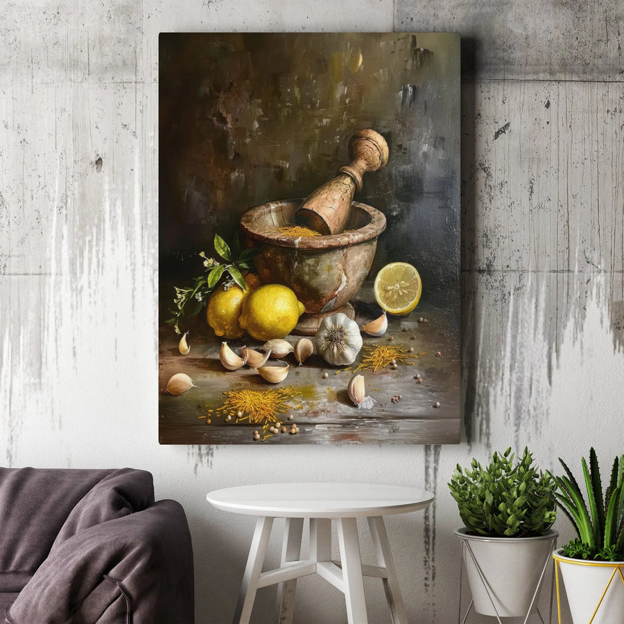 Rustic Kitchen Canvas Wall Art | Classic Still Life with Spices & Lemon | Premium Thick Gallery Wrap | Dining Room Decor Gift for Foodie