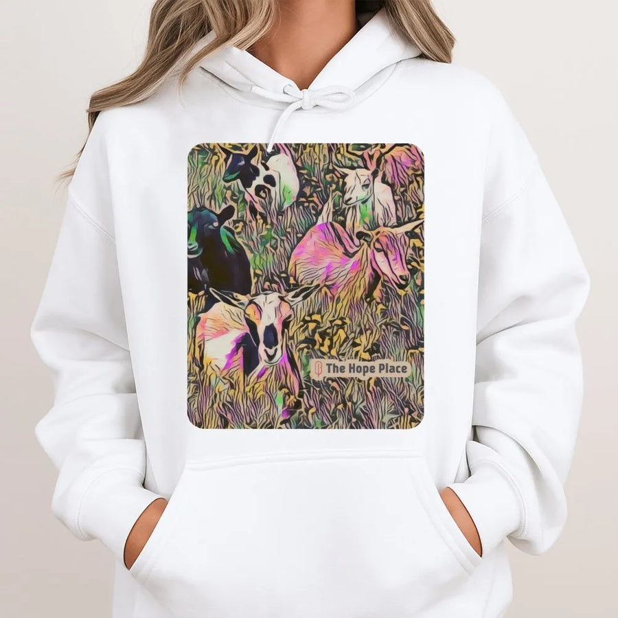Artistic Goat Hoodie | Colorful Psychedelic Farm Animal Graphic | Premium Cotton-Poly Blend | Unique Gift for Animal Lovers