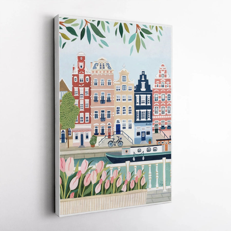 Amsterdam Canal House Canvas Wall Art | Colorful Dutch Cityscape with Tulips & Bicycle | Premium Gallery Wrap Print | Gift for Travel Lovers