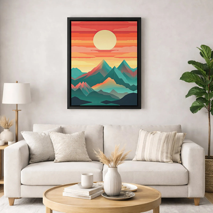 Abstract Mountain Sunset Canvas Wall Art | Geometric Landscape Print | Premium 1.25 Inch Gallery Wrap | Modern Home Office Decor Gift