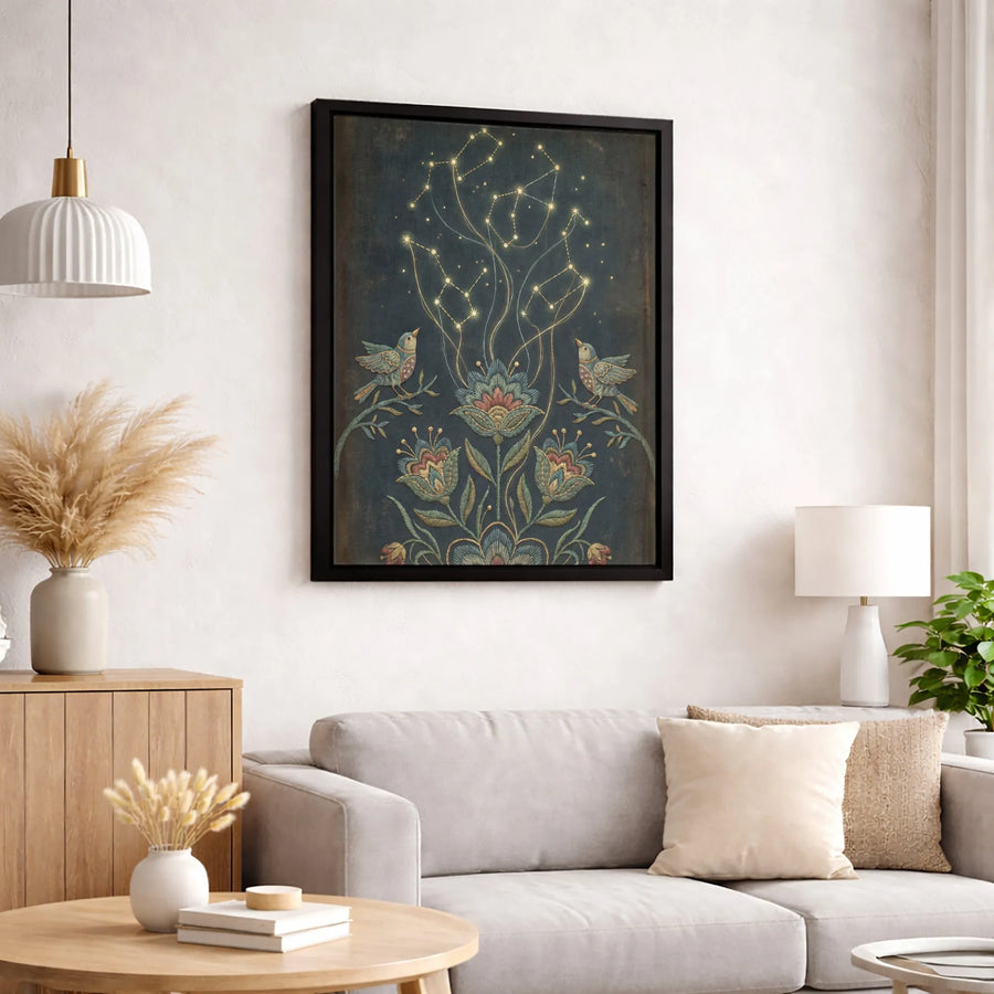 Celestial Constellations Wall Art | Folk Art Botanical Birds Canvas | Premium Gallery-Wrapped Print | Whimsical Nature Home Decor Gift