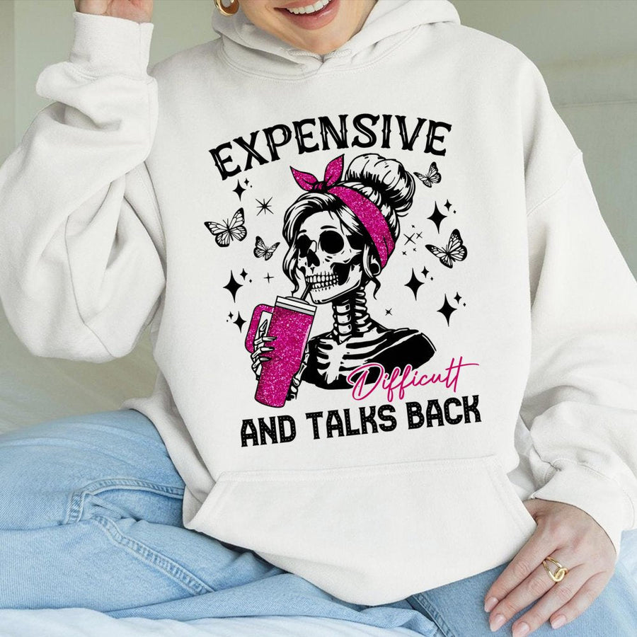 Expensive And Talks Back Hoodie | Skeleton Girl Pink Glitter Graphic | Premium Cotton-Poly Blend | Sassy Aesthetic Gift For Women