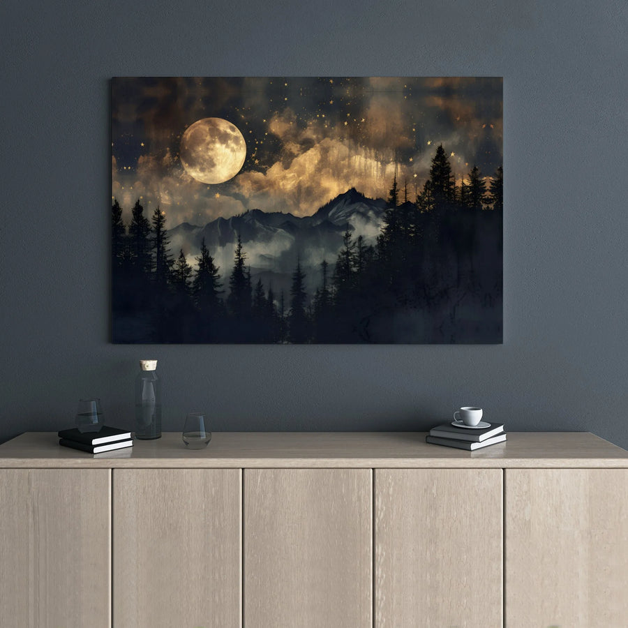 Mountain Forest Canvas Print | Full Moon Night Sky Wall Art | Gallery Wrapped Premium Canvas | Serene Landscape Decor for Living Room
