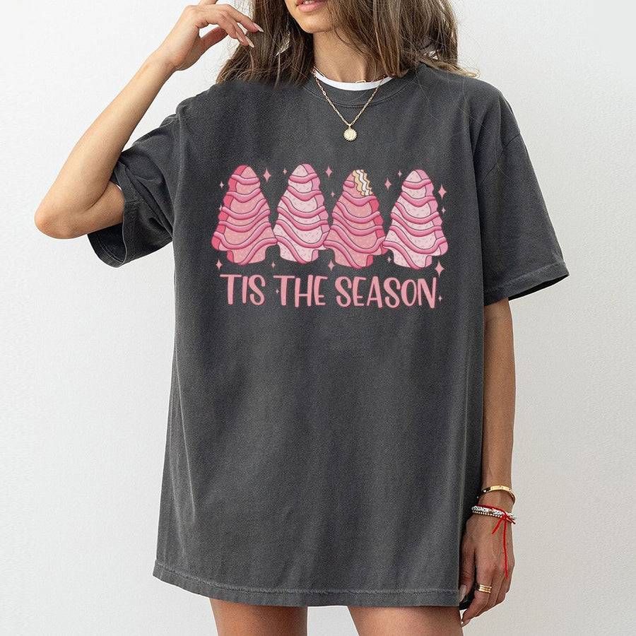 Christmas Tree Cake T-Shirt | Tis The Season Pink Snack Graphic | 100% Cotton Premium Tee | Cute Holiday Gift For Women