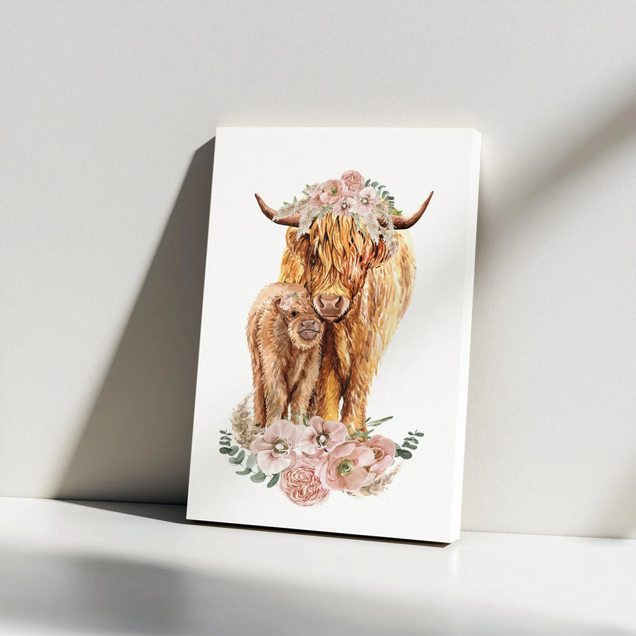 Highland Cow Wall Art | Watercolor Mother and Calf with Floral Crown | Premium Gallery-Wrapped Canvas | Nursery and Farmhouse Home Decor